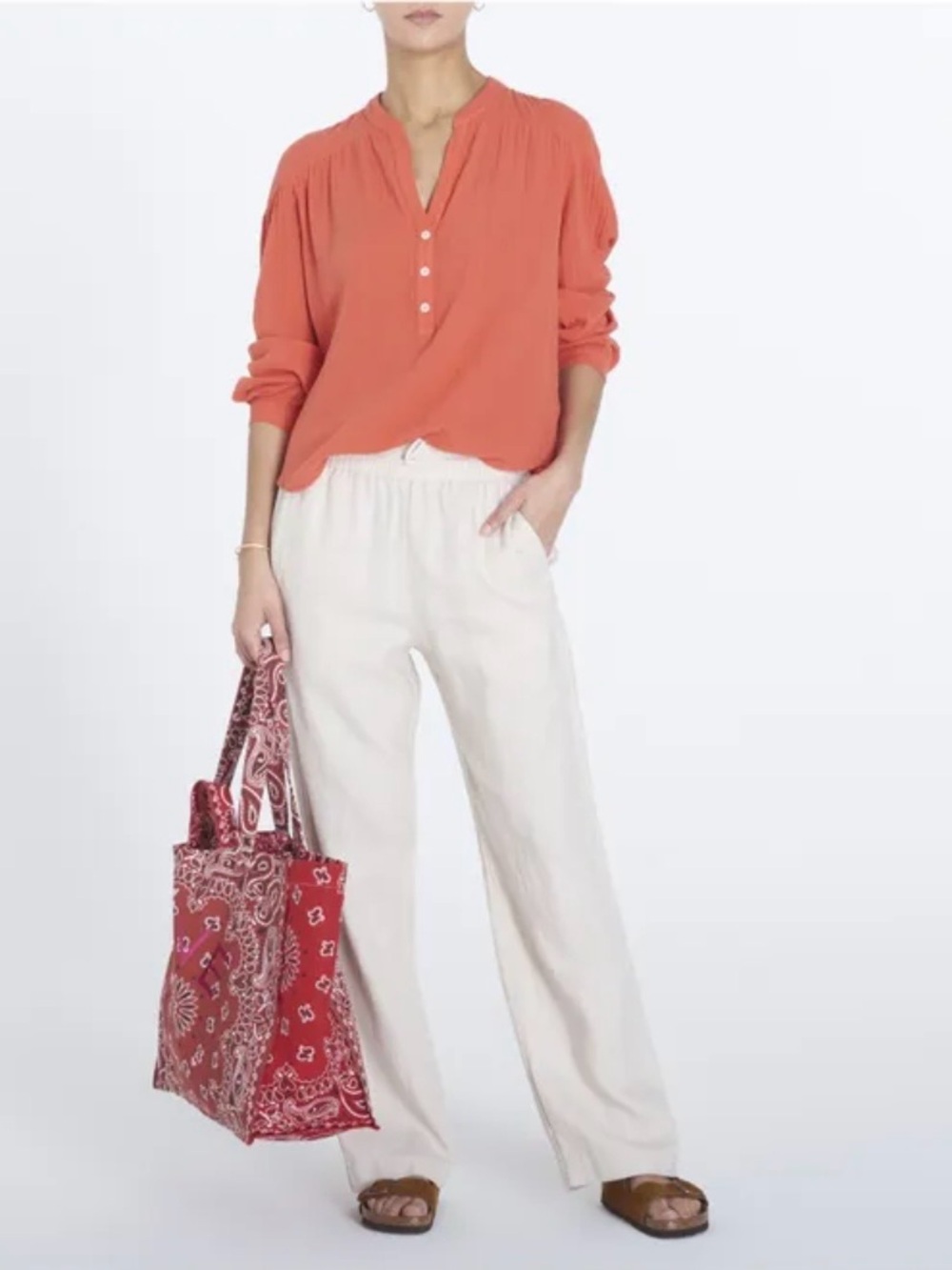 LOFT Women's 100% cotton V-Neck Peasant Blouse in Orange XS